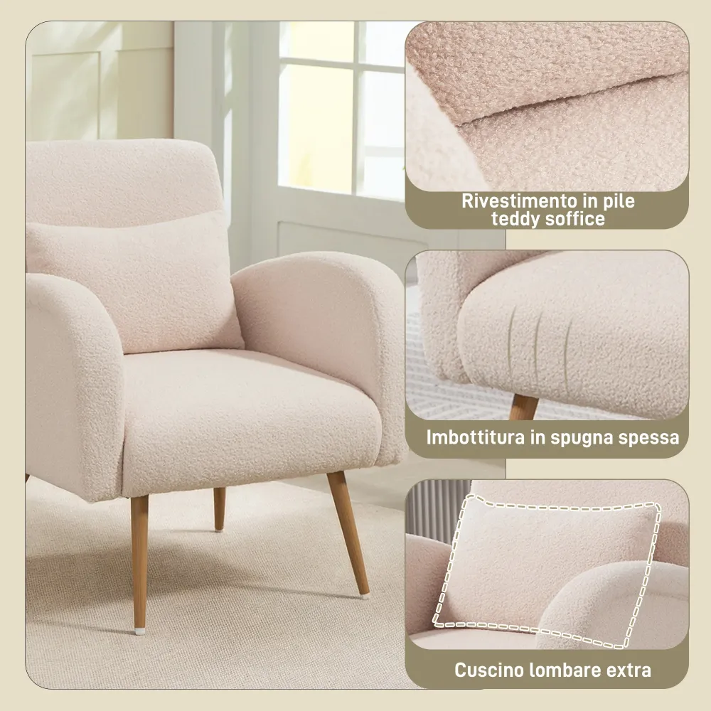 Poltrona per Salotto Moderna 77x77x83 cm con Cuscino Lombare Sfoderabile Tessuto Teddy Beige