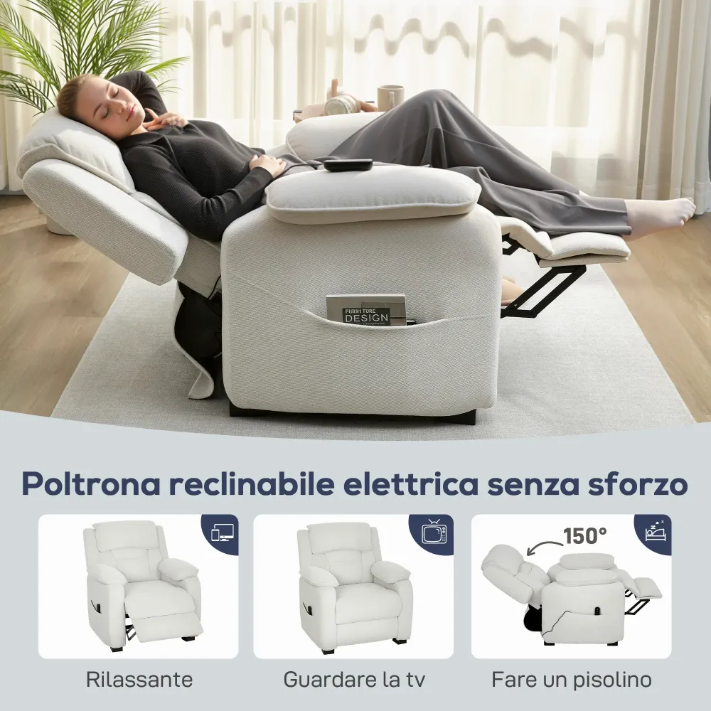 Poltrona Reclinabile 150° con Poggiapiedi Telecomando e Tasca Laterale 96x90x103 cm Effetto Velluto Beige