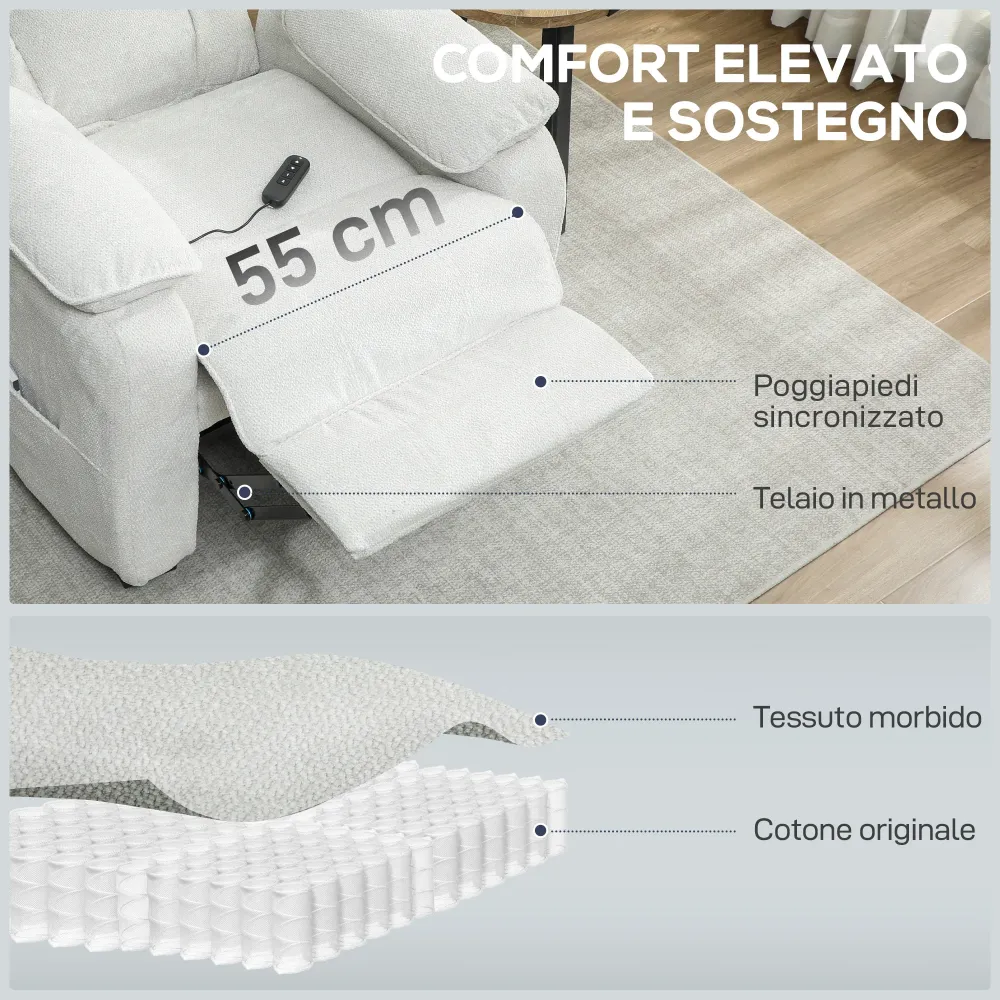 Poltrona Reclinabile 150° con Poggiapiedi Telecomando e Tasca Laterale 96x90x103 cm Effetto Velluto Beige