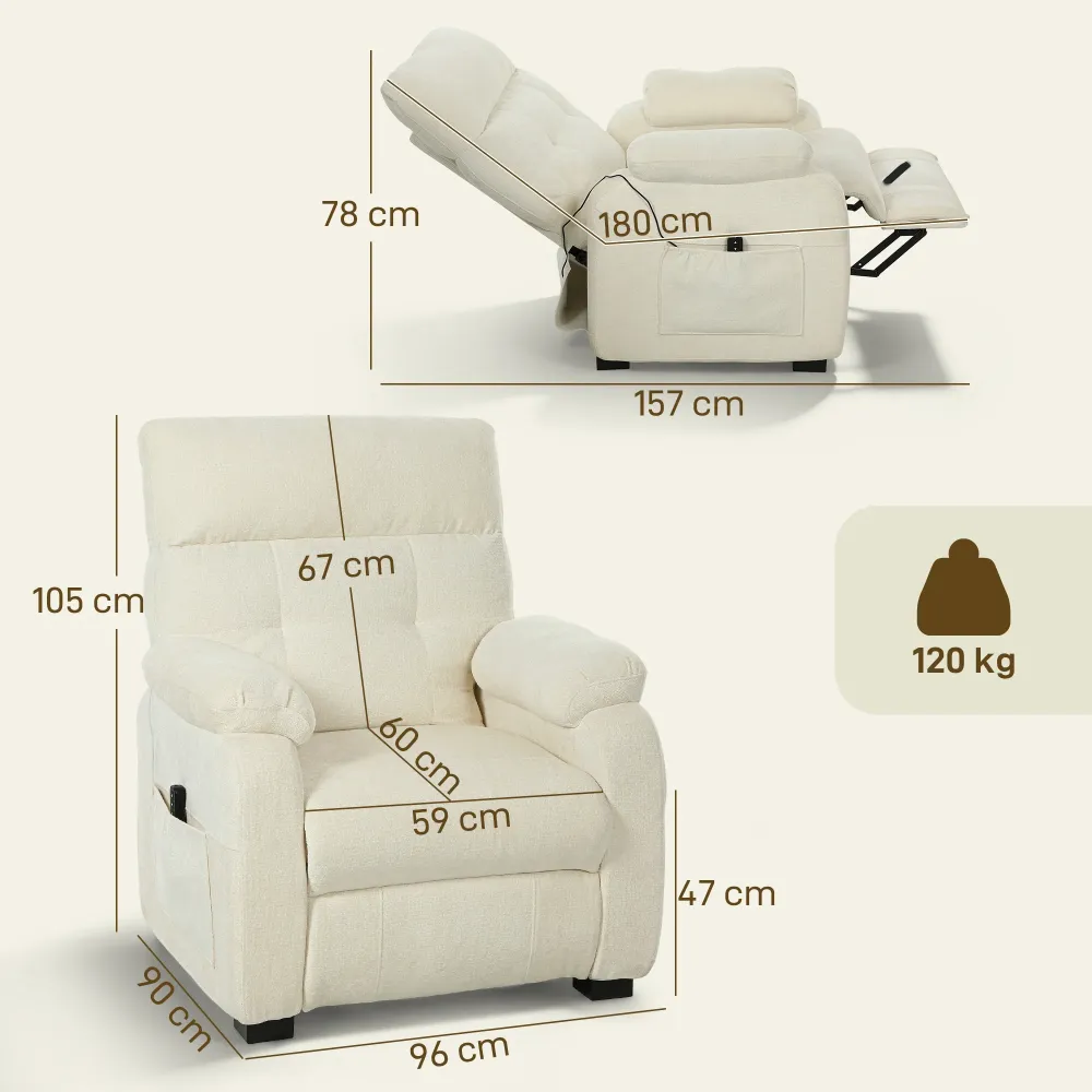 Poltrona Reclinabile 150° Effetto Velluto con Poggiapiedi Telecomando e Tasca Laterale 96x90x105 cm Bianco