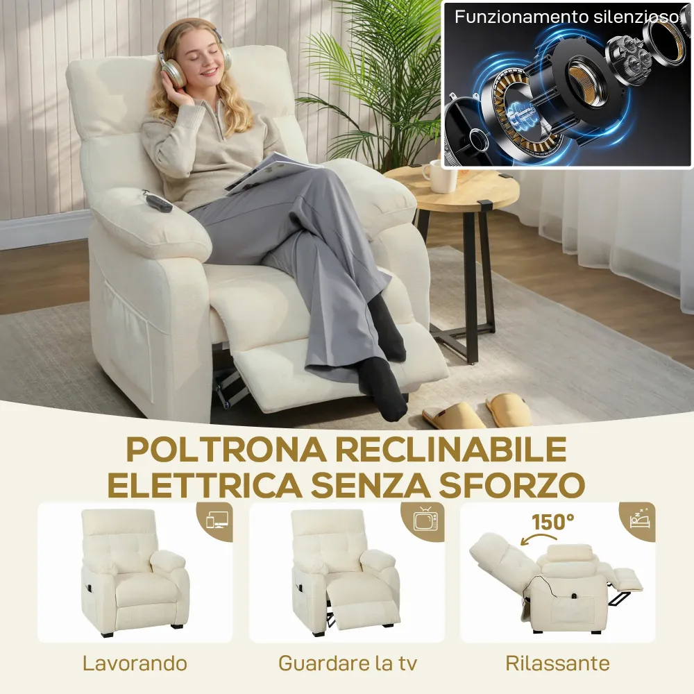 Poltrona Reclinabile 150° Effetto Velluto con Poggiapiedi Telecomando e Tasca Laterale 96x90x105 cm Bianco