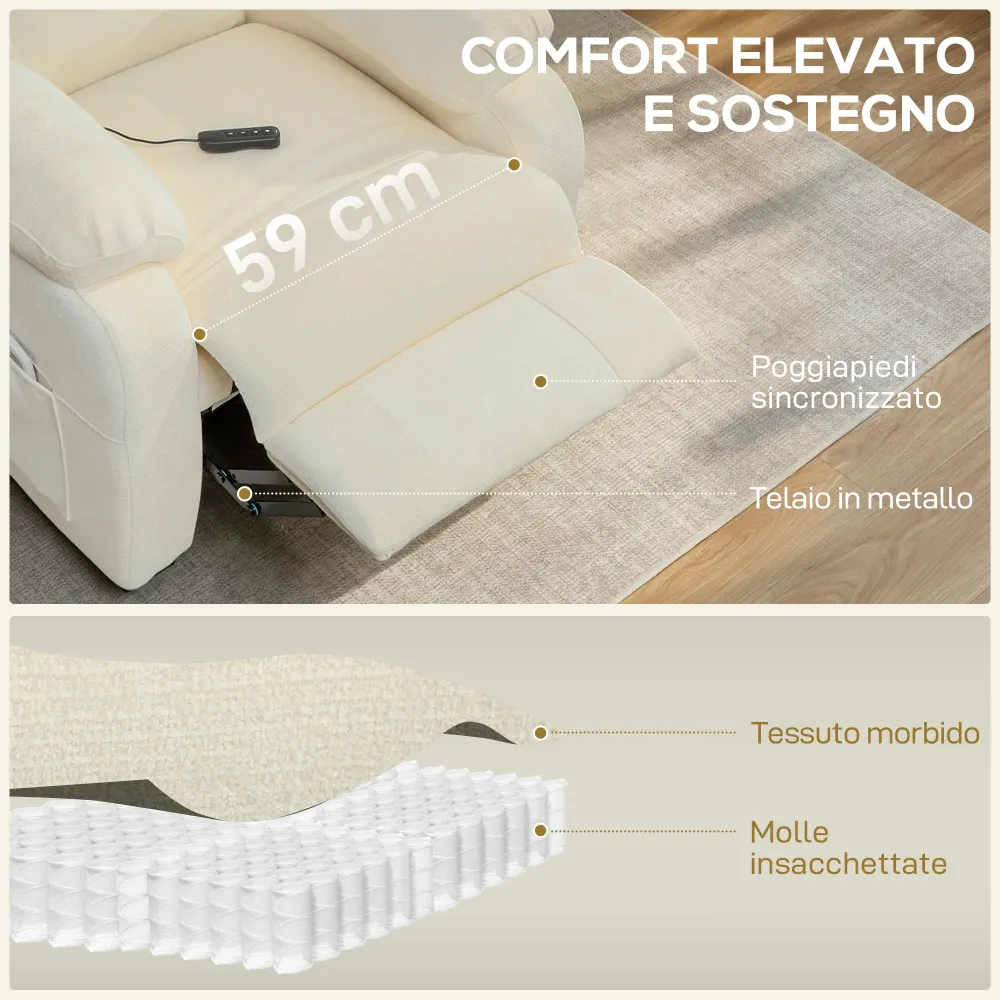 Poltrona Reclinabile 150° Effetto Velluto con Poggiapiedi Telecomando e Tasca Laterale 96x90x105 cm Bianco