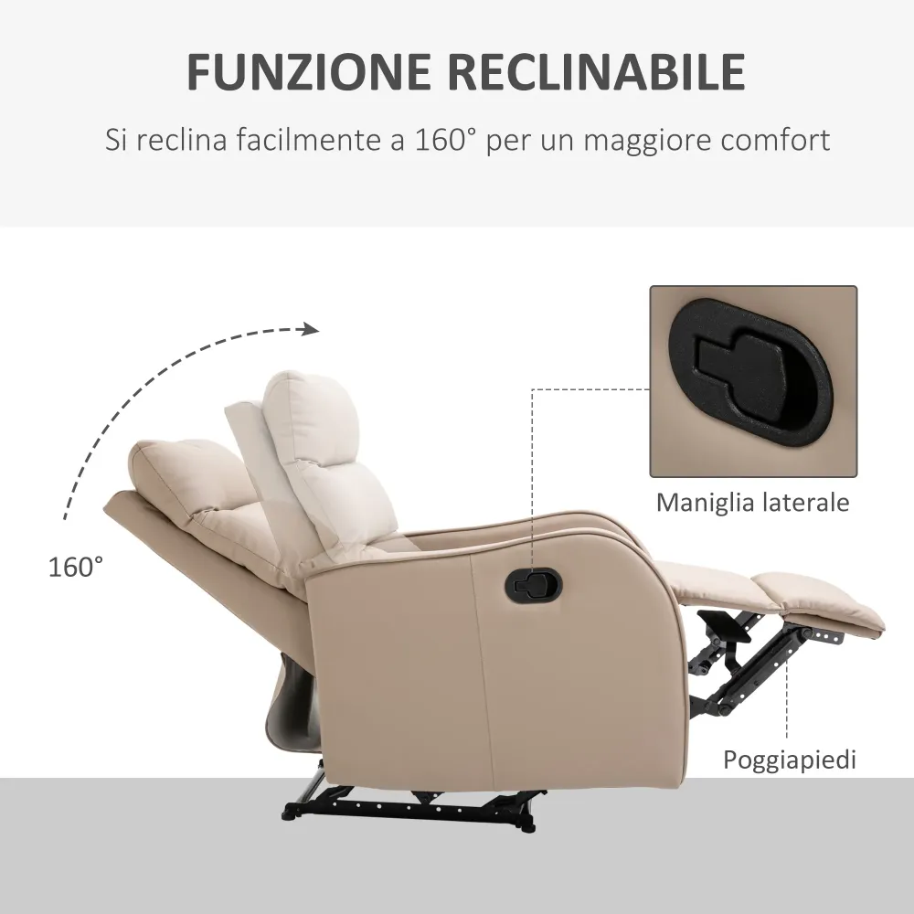 Poltrona Reclinabile 160° max con Poggiapiedi 65x89x100 cm Pelle PU Legno e Acciaio Marrone Chiaro