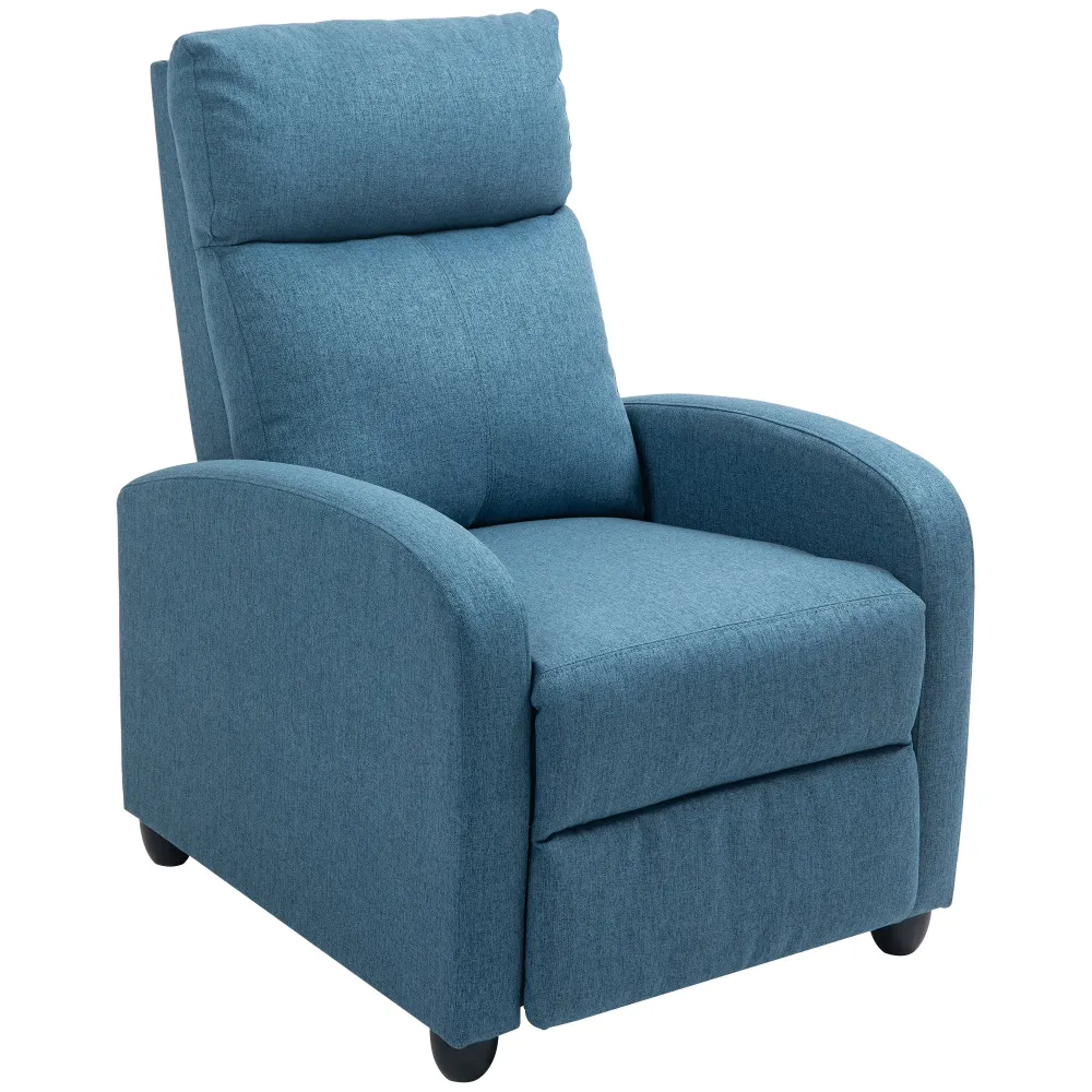 Poltrona Reclinabile 69x88x101 cm Imbottita con Poggiapiedi Tessuto Effetto Lino e Acciaio Blu
