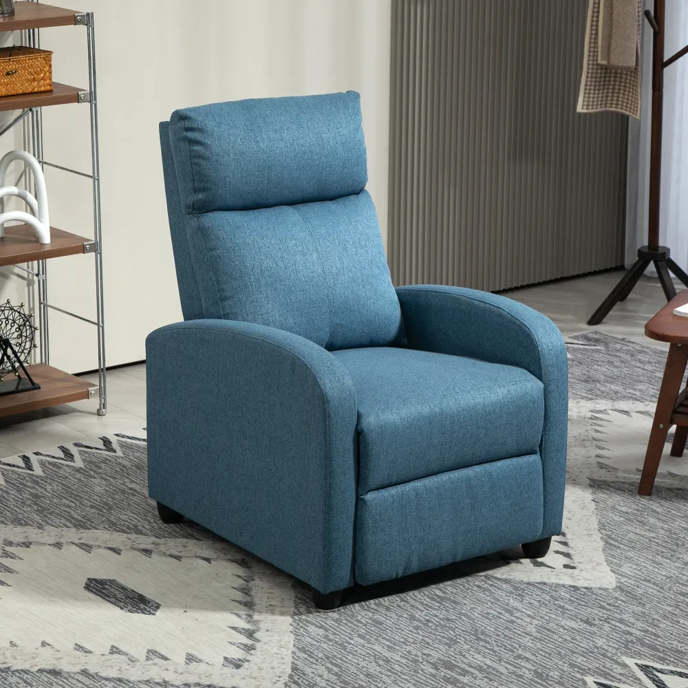 Poltrona Reclinabile 69x88x101 cm Imbottita con Poggiapiedi Tessuto Effetto Lino e Acciaio Blu