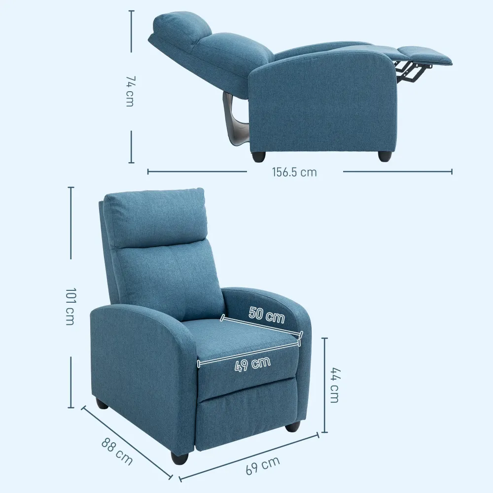 Poltrona Reclinabile 69x88x101 cm Imbottita con Poggiapiedi Tessuto Effetto Lino e Acciaio Blu