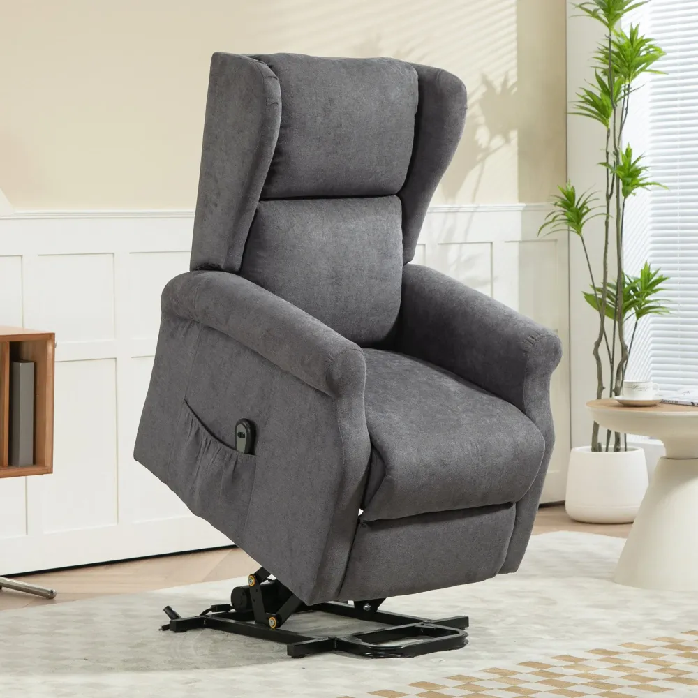 Poltrona Reclinabile Alzapersona 74x94x111 cm con Telecomando Tessuto Effetto Lino Grigio Scuro