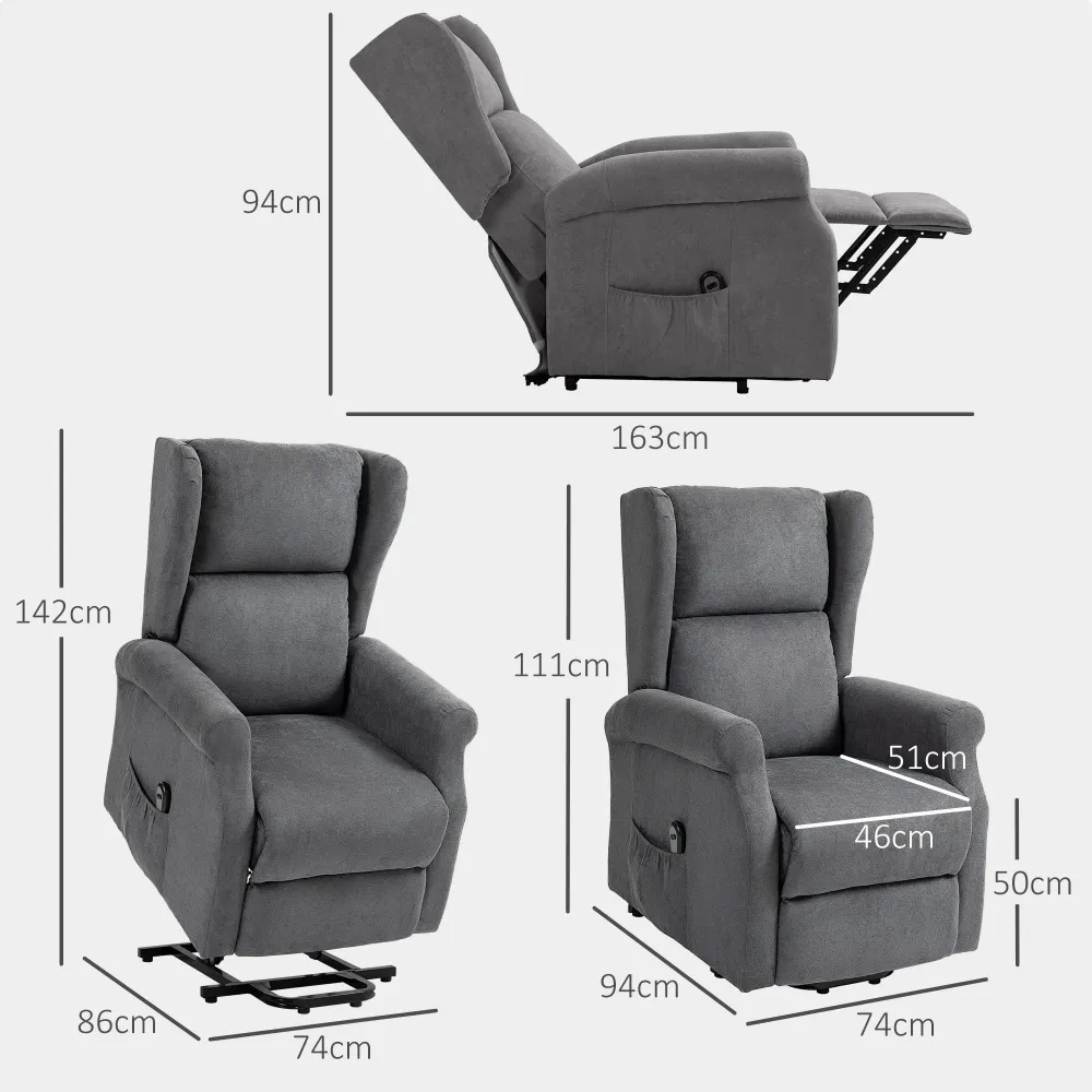 Poltrona Reclinabile Alzapersona 74x94x111 cm con Telecomando Tessuto Effetto Lino Grigio Scuro