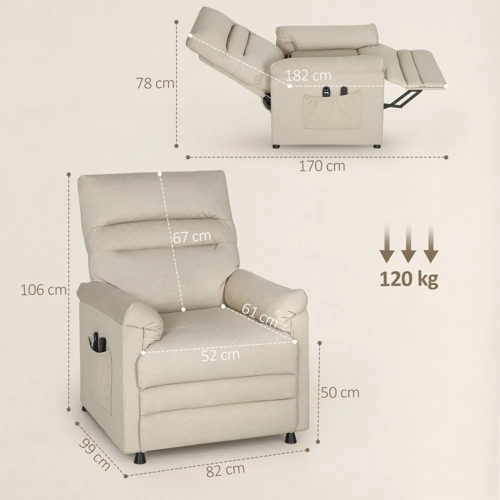 Poltrona Reclinabile con Riscaldamento, 8 Punti Massaggio e 5 Modalità 82x99x106 cm Tessuto Effetto Velluto Beige