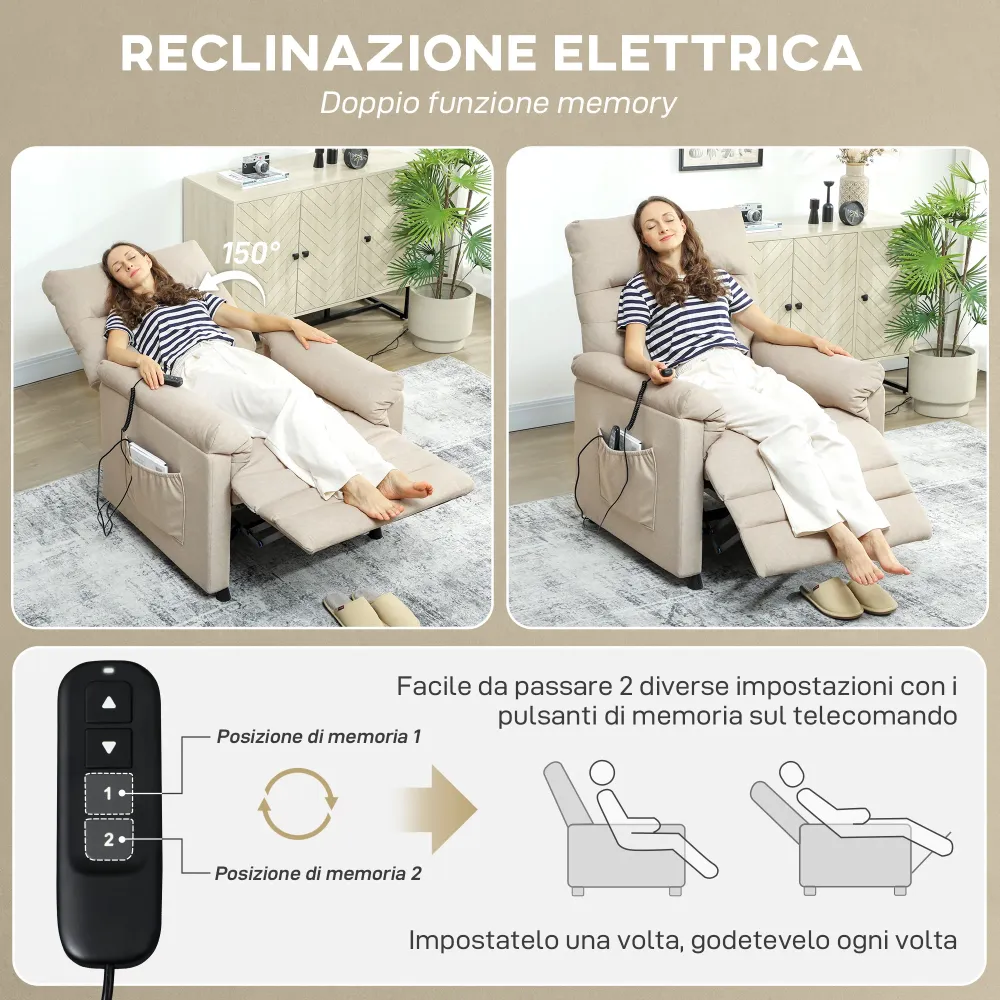 Poltrona Reclinabile con Riscaldamento, 8 Punti Massaggio e 5 Modalità 82x99x106 cm Tessuto Effetto Velluto Beige