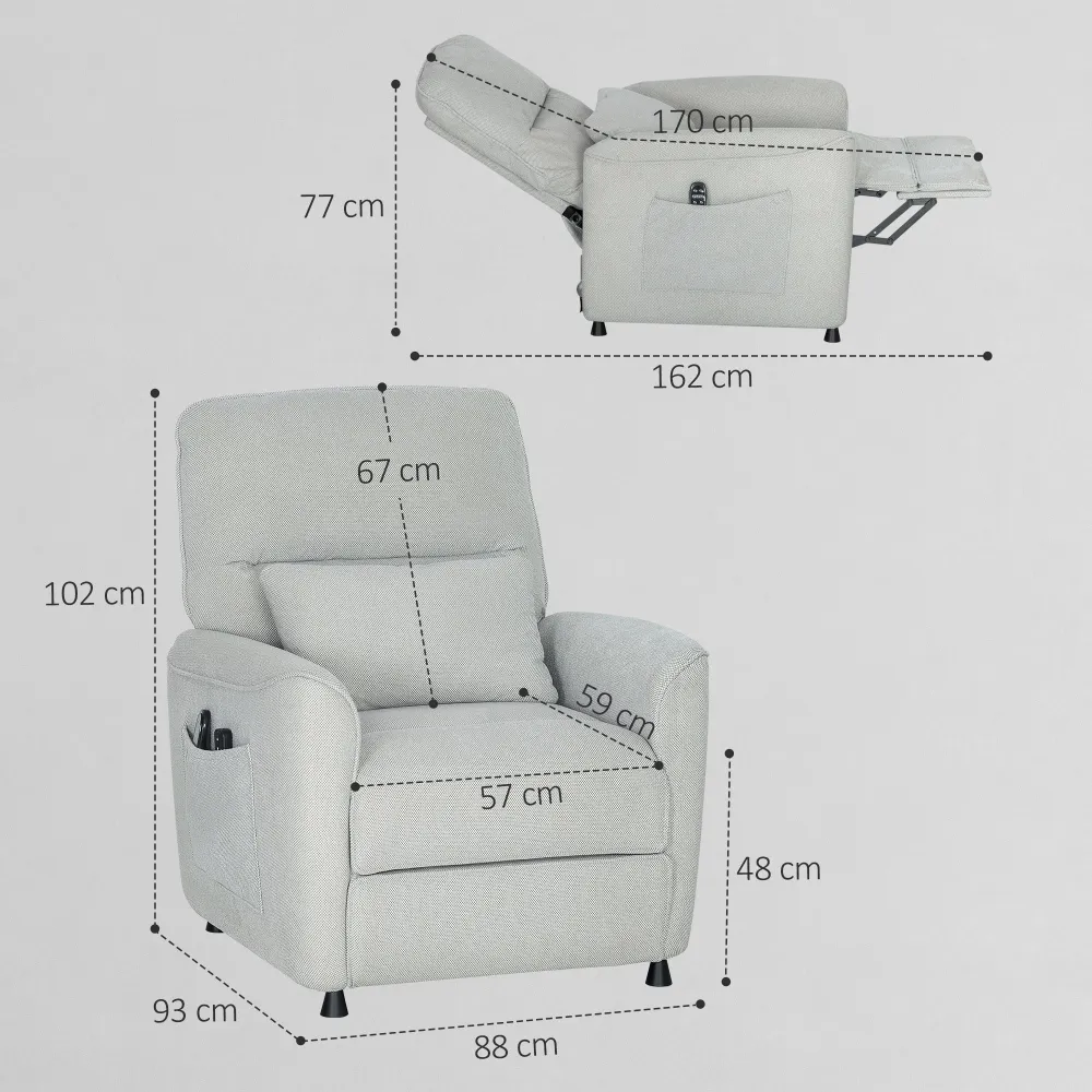 Poltrona Reclinabile con Riscaldamento 8 Punti Massaggio e 5 Modalità 88x93x102 cm Tessuto Ciniglia Grigio Chiaro