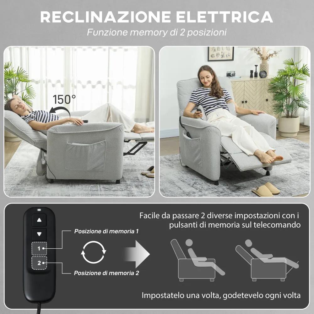 Poltrona Reclinabile con Riscaldamento 8 Punti Massaggio e 5 Modalità 88x93x102 cm Tessuto Ciniglia Grigio Chiaro