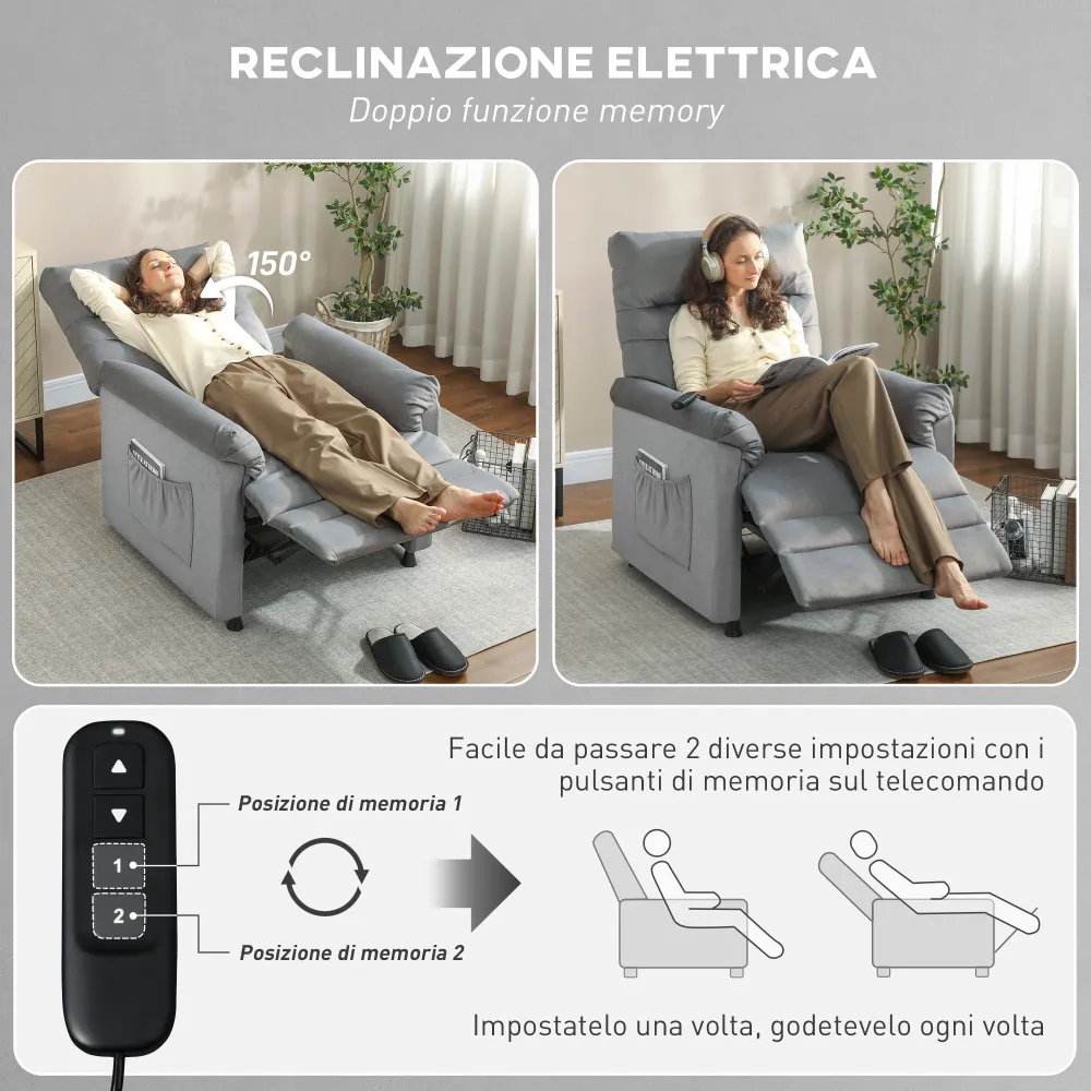 Poltrona Reclinabile con Riscaldamento, 8 Punti Massaggio e 5 Modalità 82x99x106 cm Tessuto Effetto Velluto Grigio