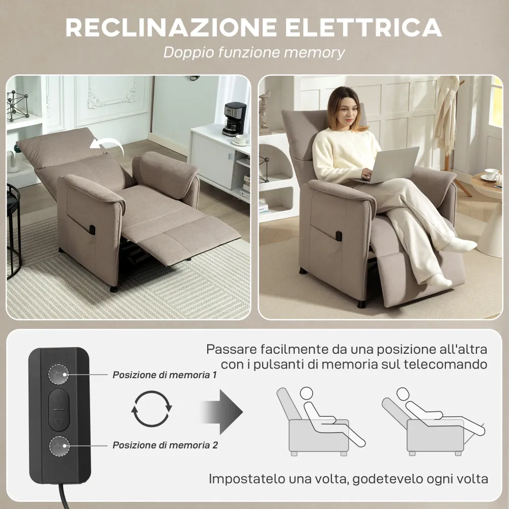 Poltrona Reclinabile Elettrica con Telecomando 80x83x104 cm Tessuto Effetto Velluto Marrone
