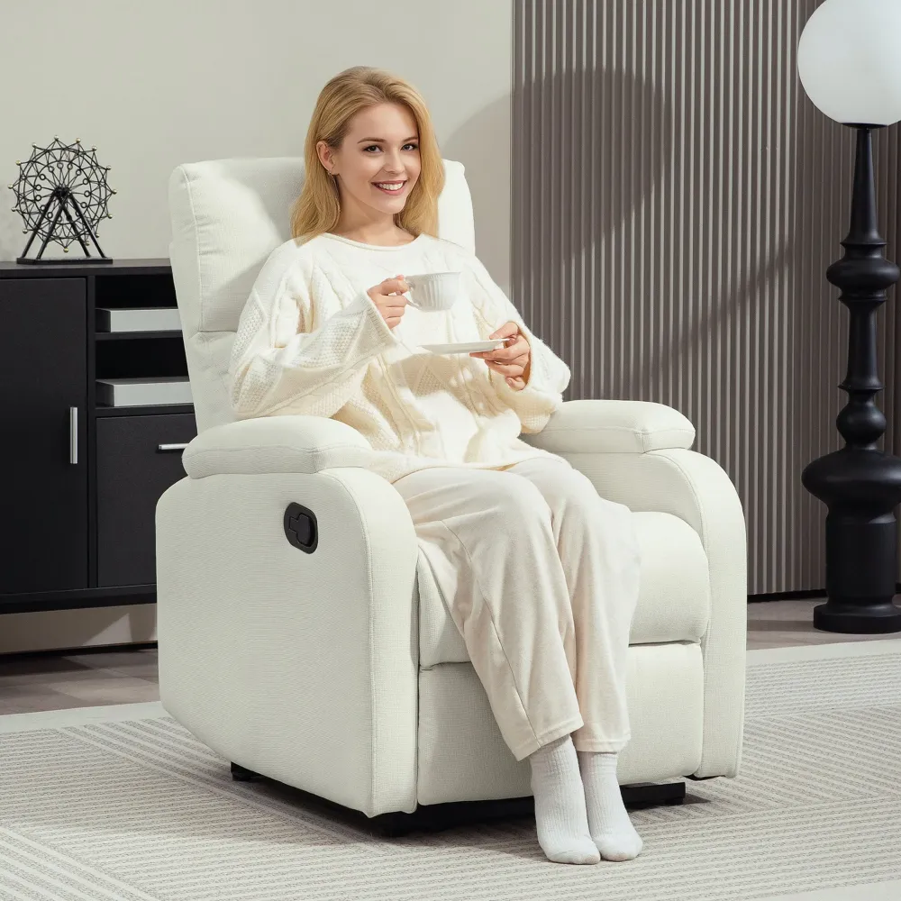 Poltrona Reclinabile Manualmente 60° 69x91,5x103 cm con Poggiapiedi Extra Imbottita Tessuto Crema