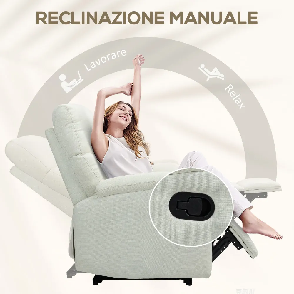 Poltrona Reclinabile Manualmente 60° 69x91,5x103 cm con Poggiapiedi Extra Imbottita Tessuto Crema