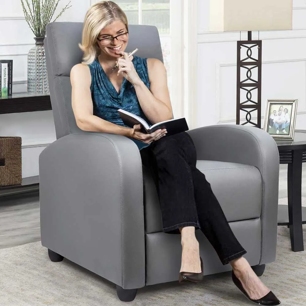 Poltrona Reclinabile Push-Back Manuale Anziani Imbottita Relax Casa Pelle Grigio