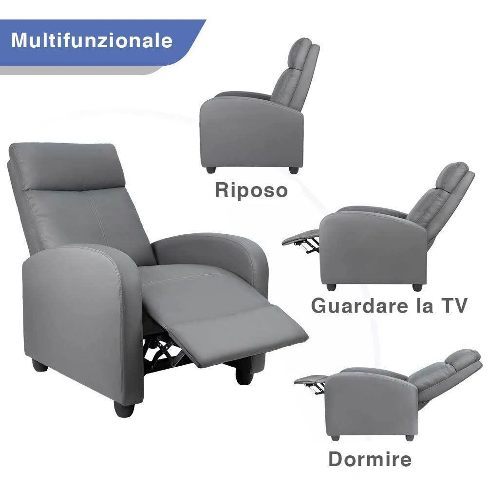 Poltrona Reclinabile Push-Back Manuale Anziani Imbottita Relax Casa Pelle Grigio