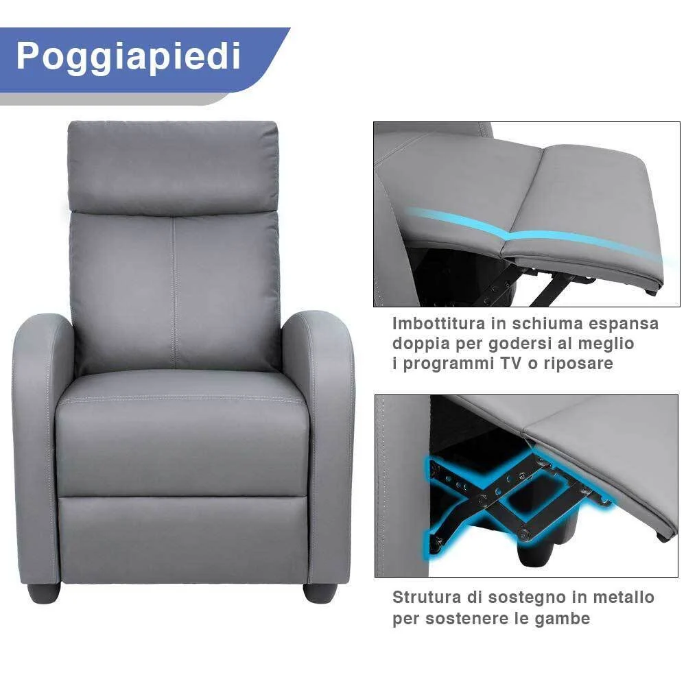 Poltrona Reclinabile Push-Back Manuale Anziani Imbottita Relax Casa Pelle Grigio