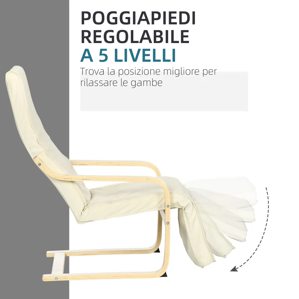 Poltrona Relax 66,5x94x100 cm con Poggiapiedi 5 Livelli Legno di Betulla e Tessuto Crema