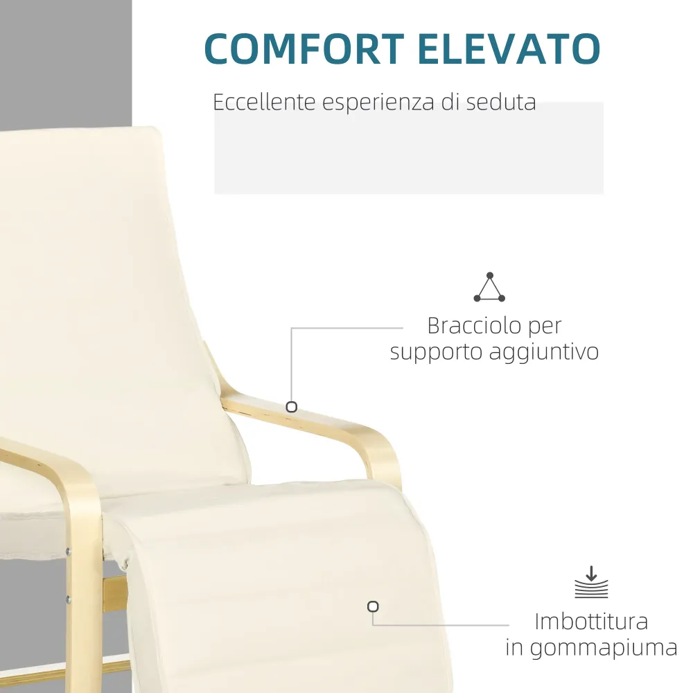 Poltrona Relax 66,5x94x100 cm con Poggiapiedi 5 Livelli Legno di Betulla e Tessuto Crema