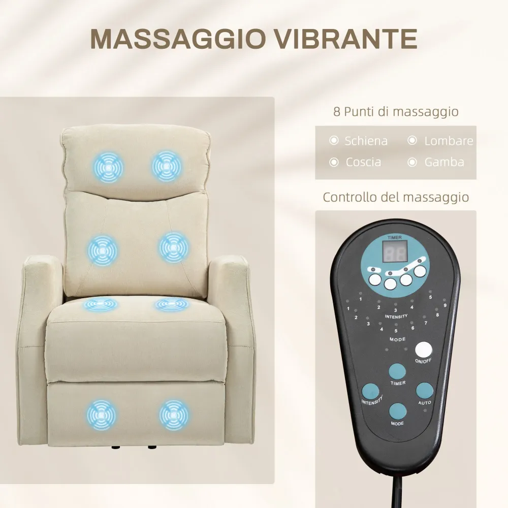 Poltrona Relax Alzapersona 8 Punti Massaggio Reclinazione 135° e 2 Telecomandi Crema