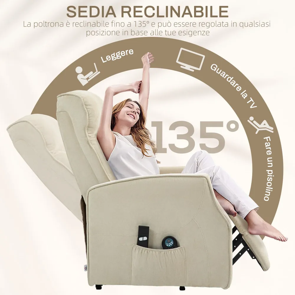 Poltrona Relax Alzapersona 8 Punti Massaggio Reclinazione 135° e 2 Telecomandi Crema