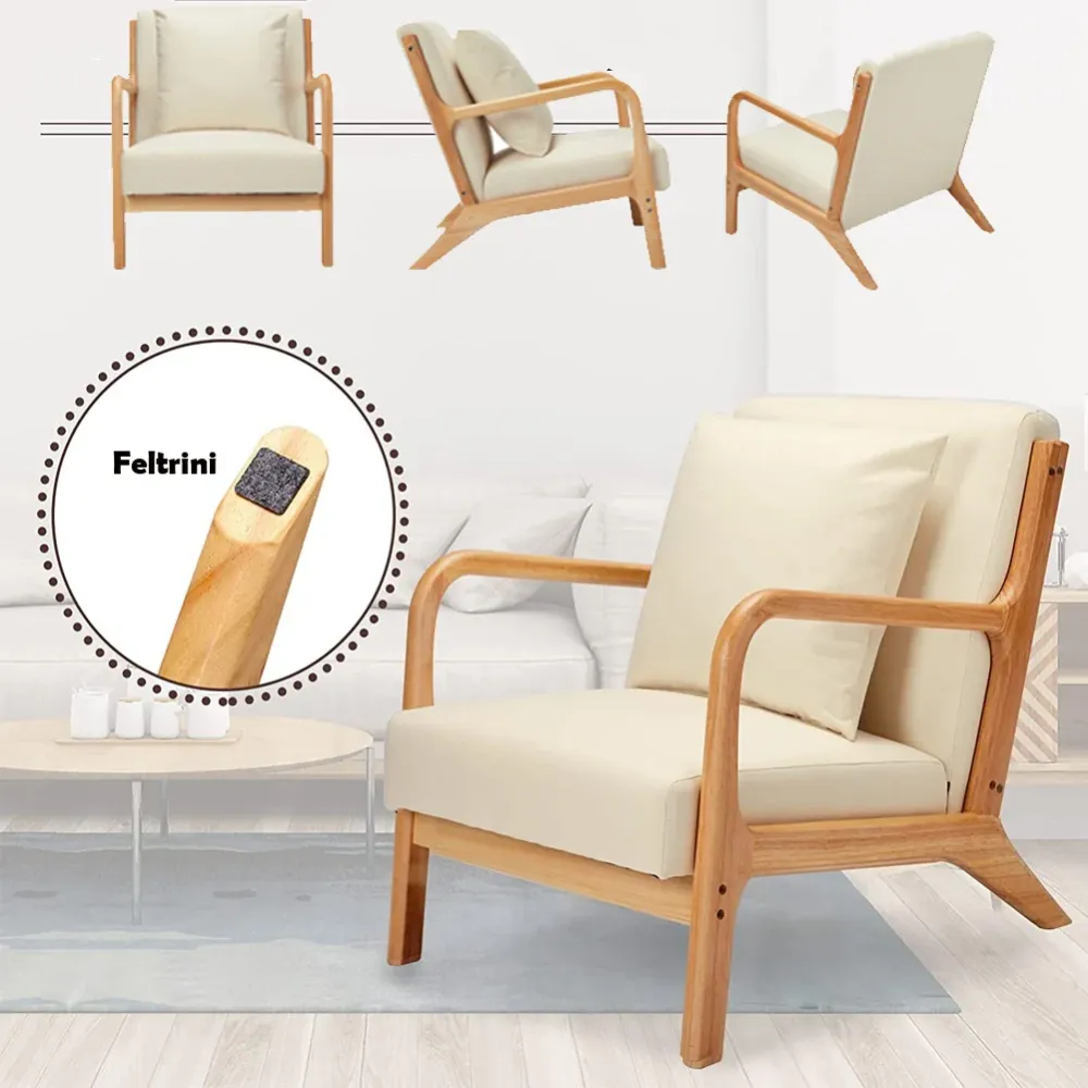 Poltrona Relax Comoda Lounge Bassa Struttura Legno e Tessuto Alta Densità Beige