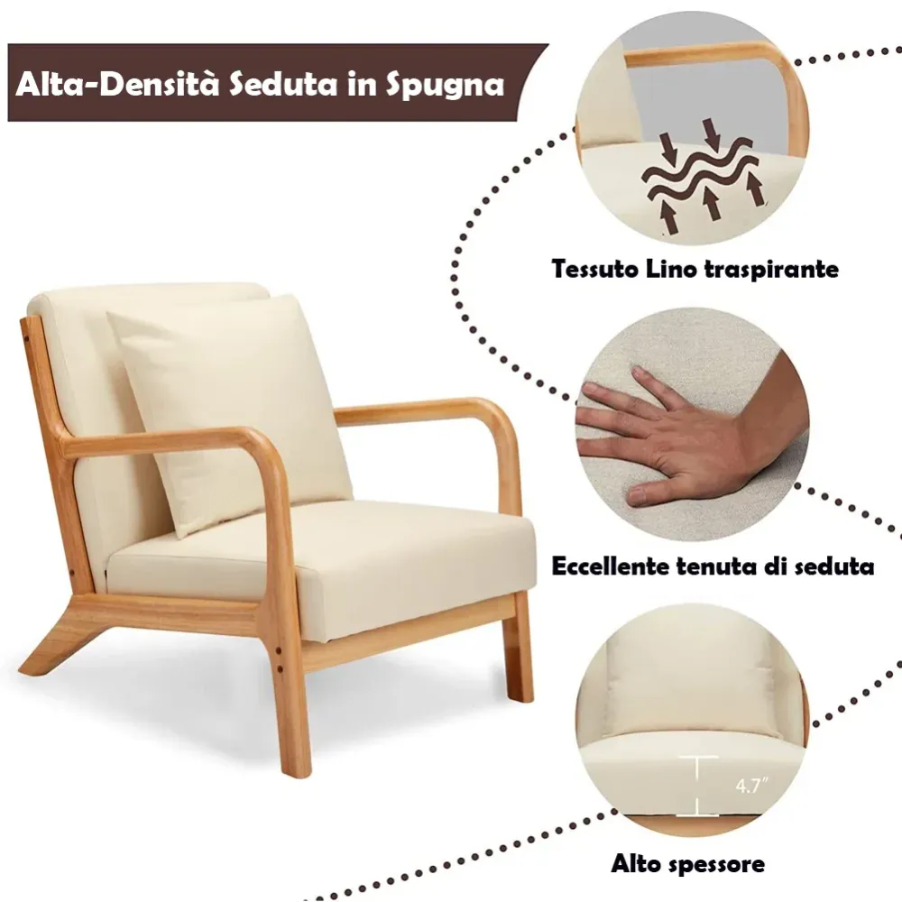 Poltrona Relax Comoda Lounge Bassa Struttura Legno e Tessuto Alta Densità Beige
