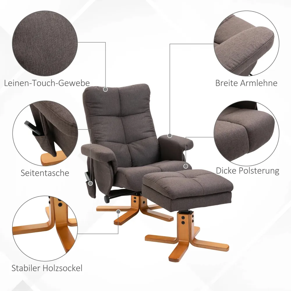Poltrona relax con funzione massaggio e poggiapiedi poliestere marrone, 80x86x99 cm