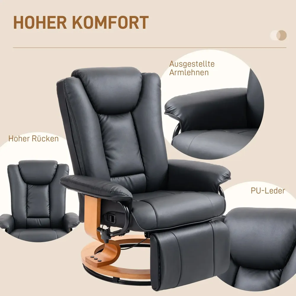 Poltrona relax con funzione reclinabile, girevole fino 150 kg, nera, 78x88x103 cm