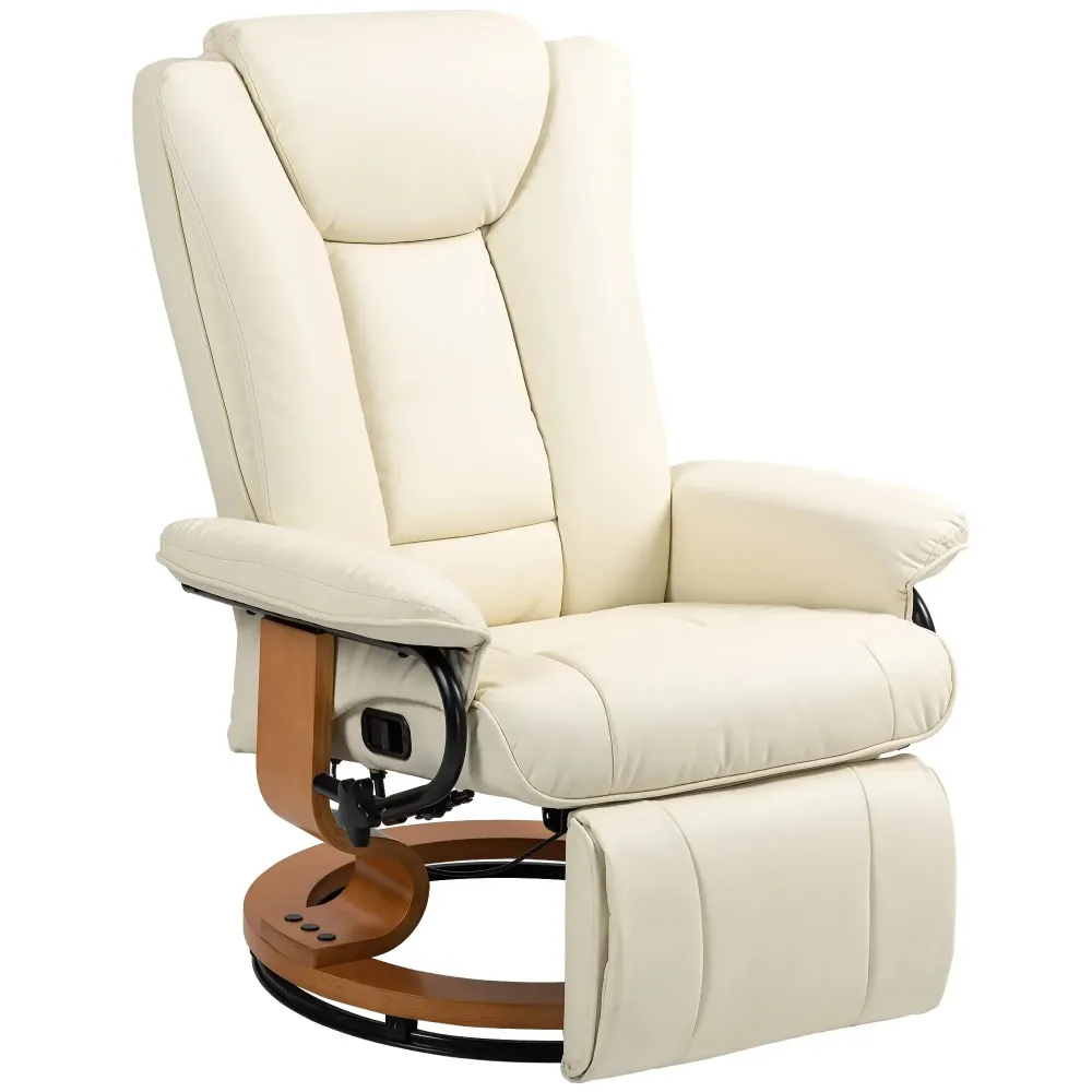Poltrona relax con funzione reclinabile, girevole, rivestimento pelle artificiale, bianco crema, 78x88x103 cm
