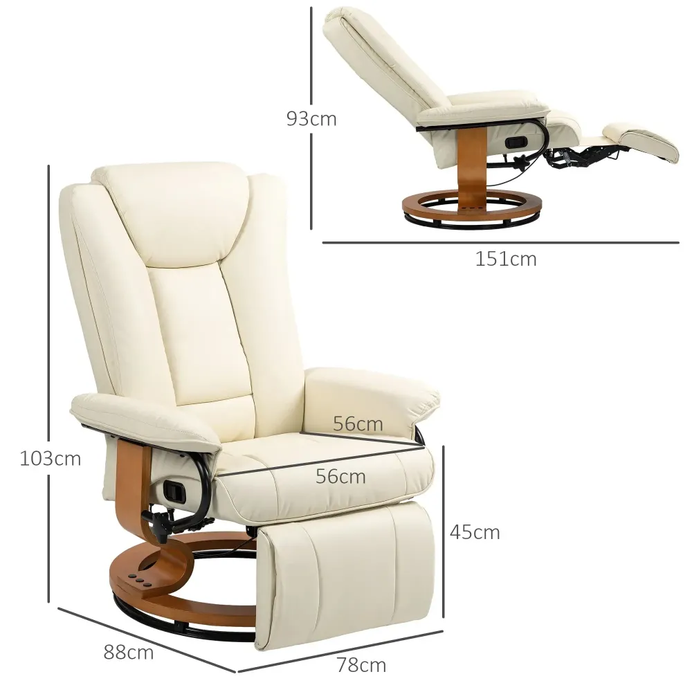 Poltrona relax con funzione reclinabile, girevole, rivestimento pelle artificiale, bianco crema, 78x88x103 cm