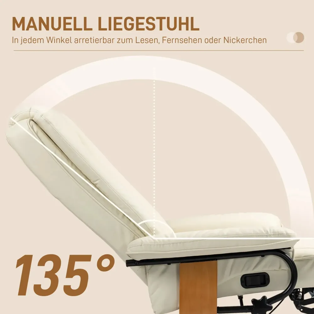 Poltrona relax con funzione reclinabile, girevole, rivestimento pelle artificiale, bianco crema, 78x88x103 cm