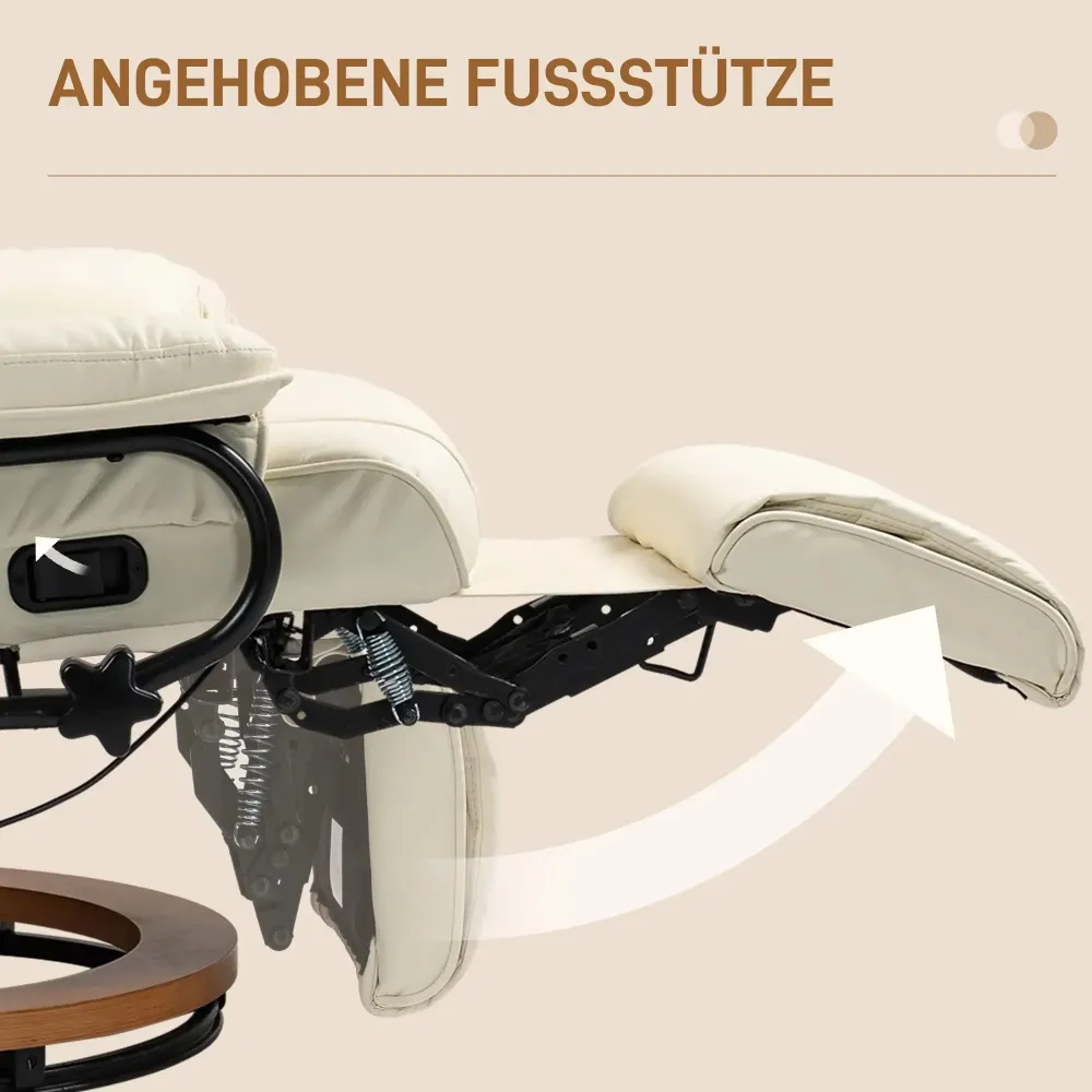 Poltrona relax con funzione reclinabile, girevole, rivestimento pelle artificiale, bianco crema, 78x88x103 cm