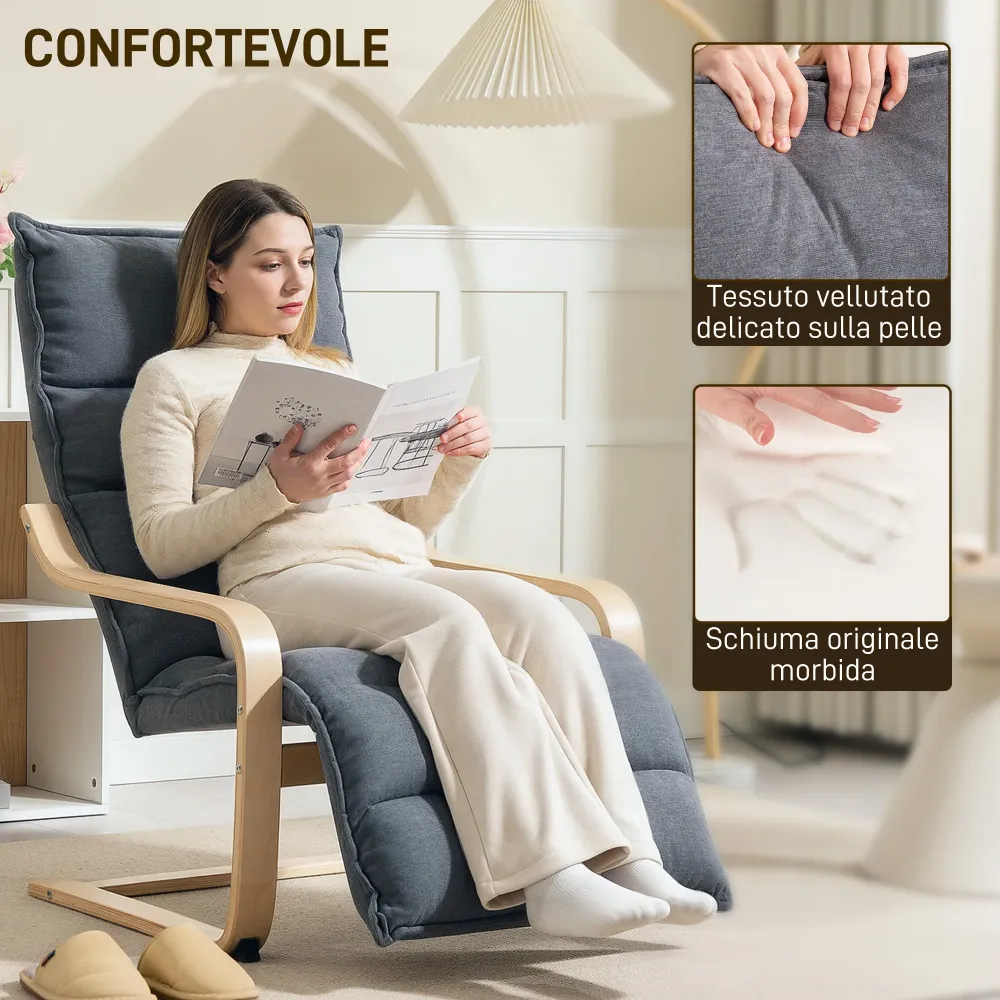 Poltrona Relax con Poggiapiedi Regolabile Legno con Rivestimento Velluto Grigio Scuro