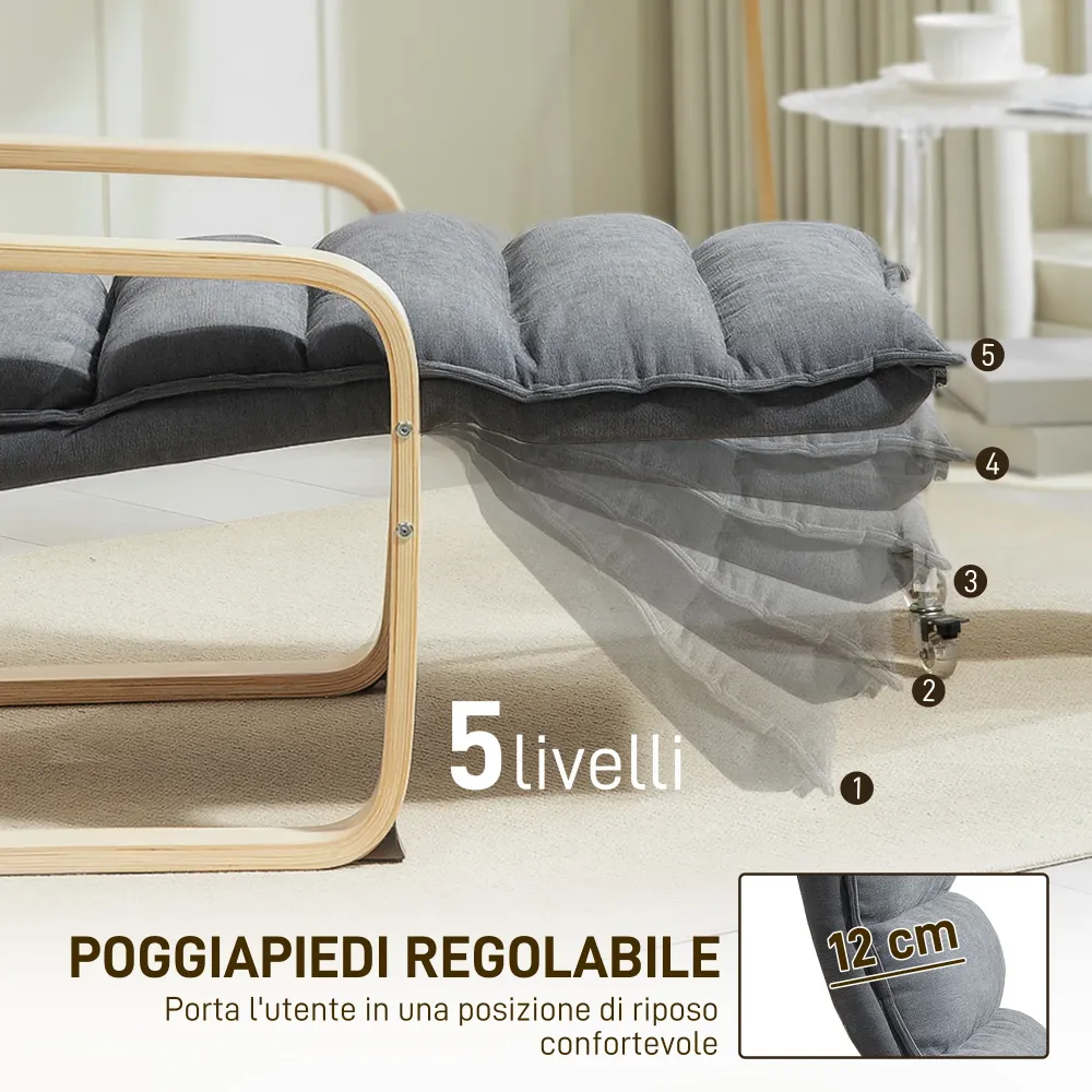 Poltrona Relax con Poggiapiedi Regolabile Legno con Rivestimento Velluto Grigio Scuro