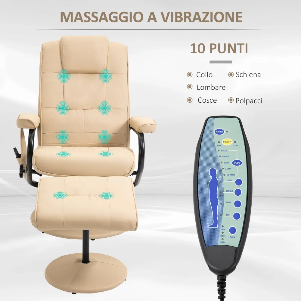 Poltrona Relax con 10 Punti Massaggio e Puof Poggiapiedi Finta Pelle Crema