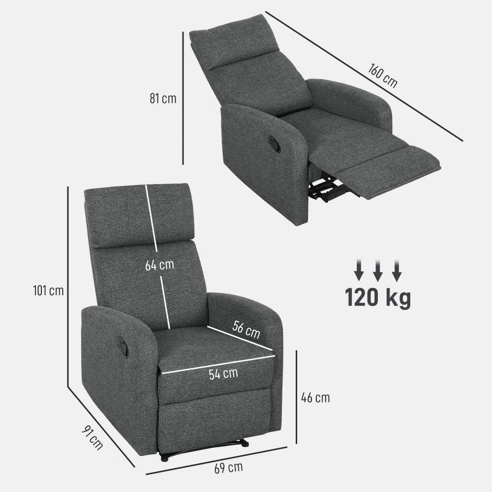 Poltrona Relax con Reclinazione Manuale 145° 69x91x101 cm Rivestimento Ciniglia Grigio