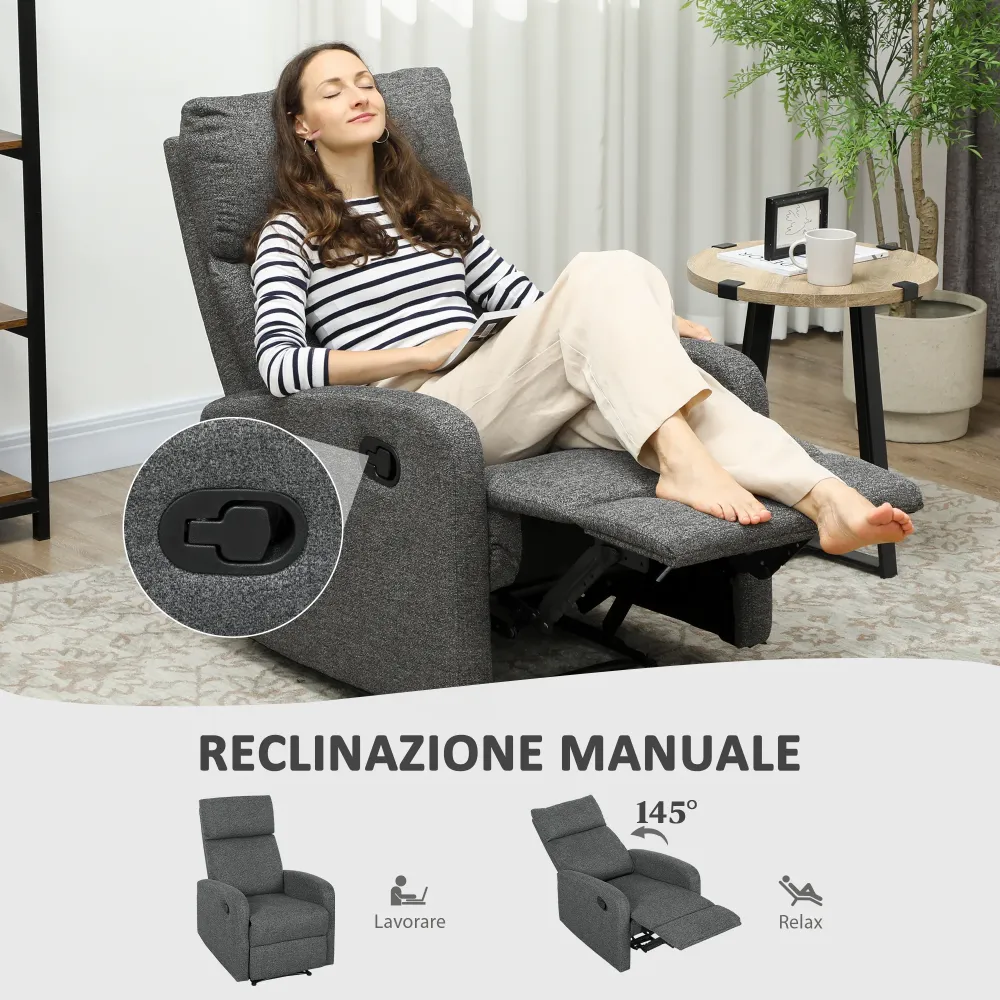 Poltrona Relax con Reclinazione Manuale 145° 69x91x101 cm Rivestimento Ciniglia Grigio