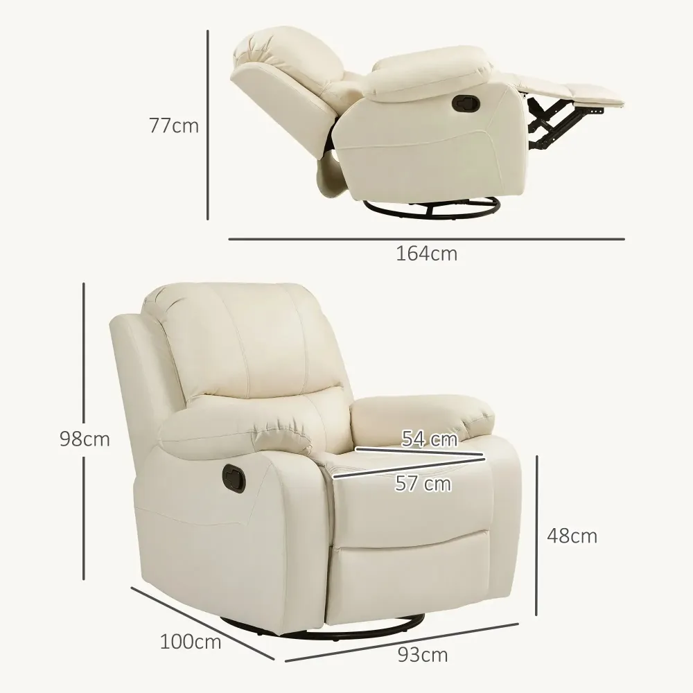 Poltrona relax con schienale regolabile e poggiapiedi girevole, bianco crema, 93x100x98 cm