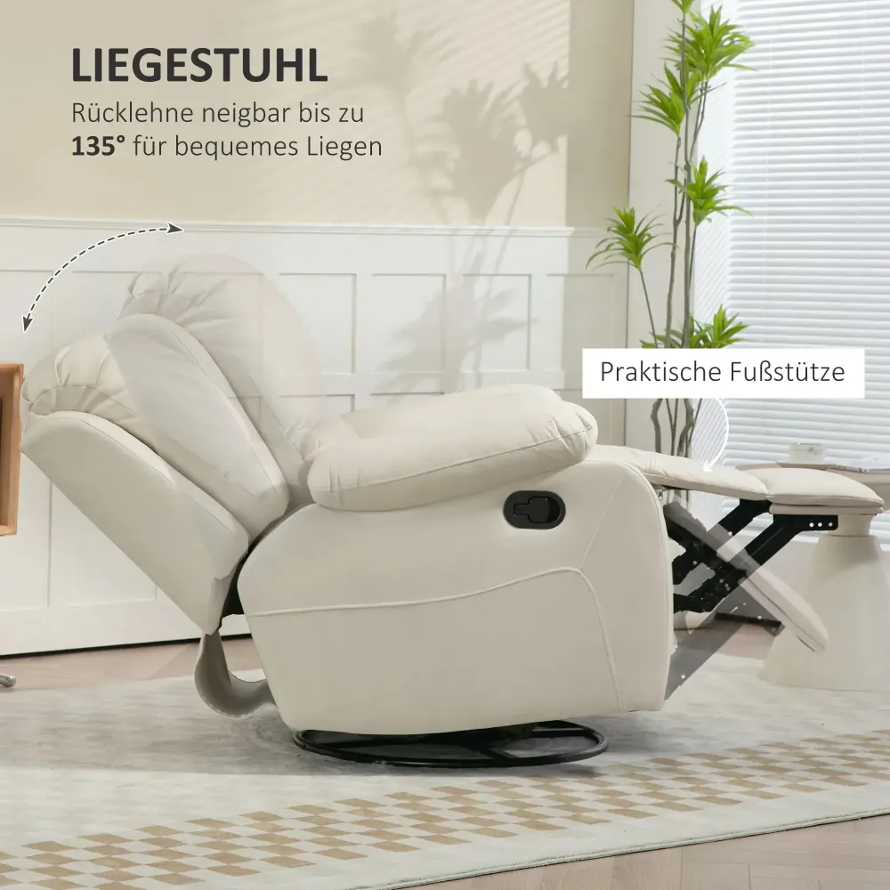 Poltrona relax con schienale regolabile e poggiapiedi girevole, bianco crema, 93x100x98 cm
