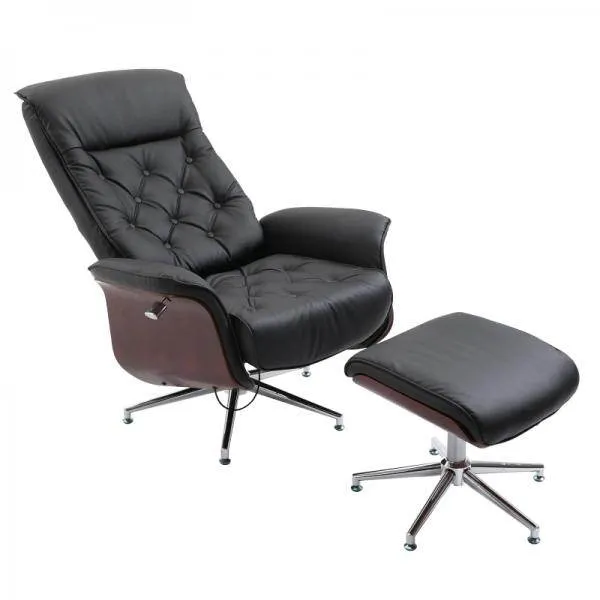Poltrona relax con sgabello, sedia TV, rivestimento PU, pannelli legno, base metallo, nero