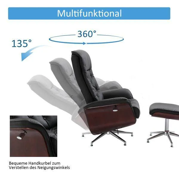 Poltrona relax con sgabello, sedia TV, rivestimento PU, pannelli legno, base metallo, nero