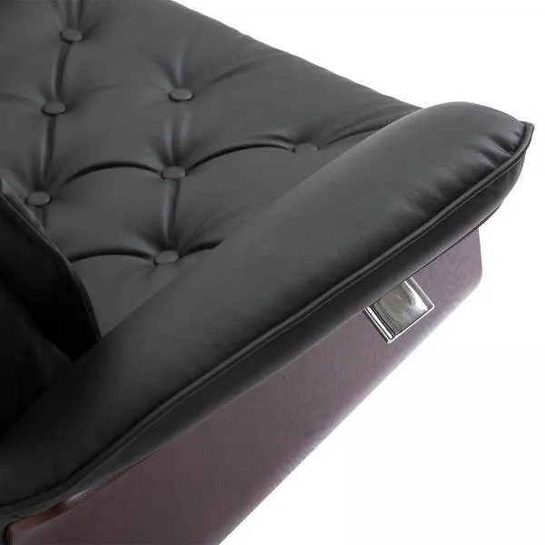 Poltrona relax con sgabello, sedia TV, rivestimento PU, pannelli legno, base metallo, nero