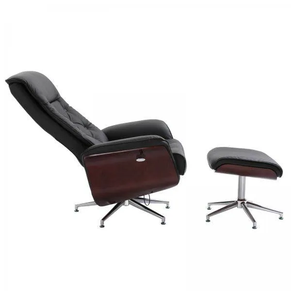 Poltrona relax con sgabello, sedia TV, rivestimento PU, pannelli legno, base metallo, nero