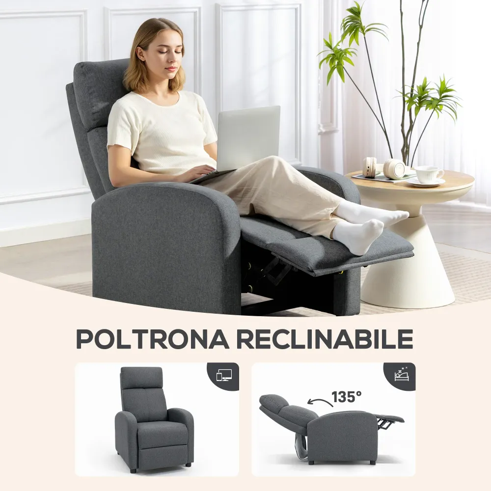 Poltrona Relax Imbottita 69x87x100,5 cm Reclinabile 135° con Poggiapiedi Tessuto Grigio