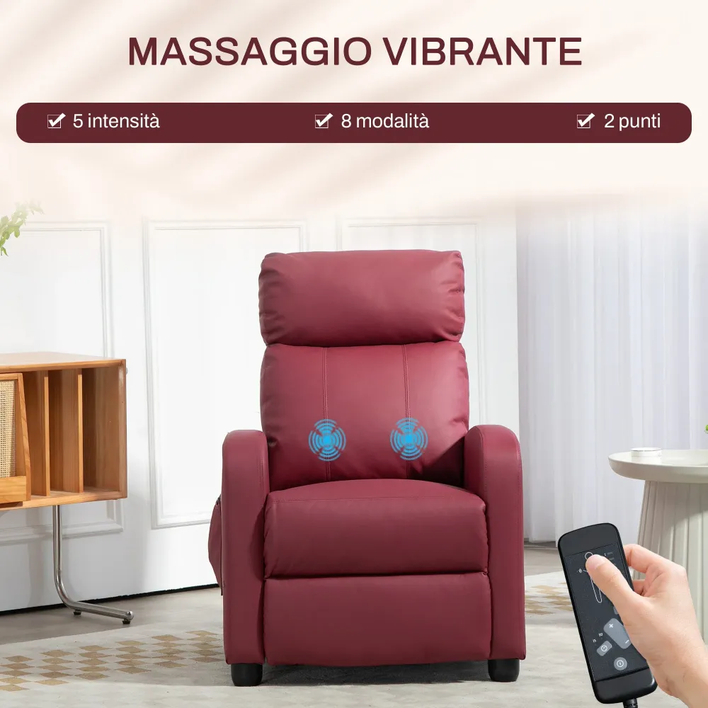 Poltrona Relax Massaggiante 68x88x98 cm con Telecomando e 8 Programmi Reclinazione e Poggiapiedi Rosso