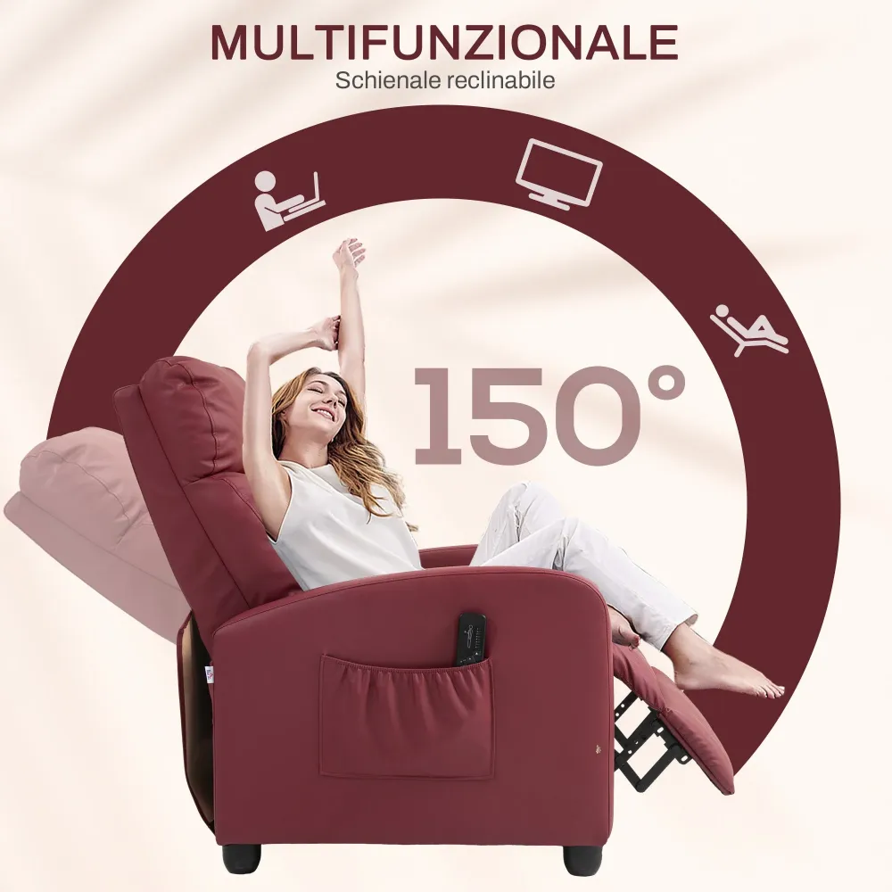Poltrona Relax Massaggiante 68x88x98 cm con Telecomando e 8 Programmi Reclinazione e Poggiapiedi Rosso