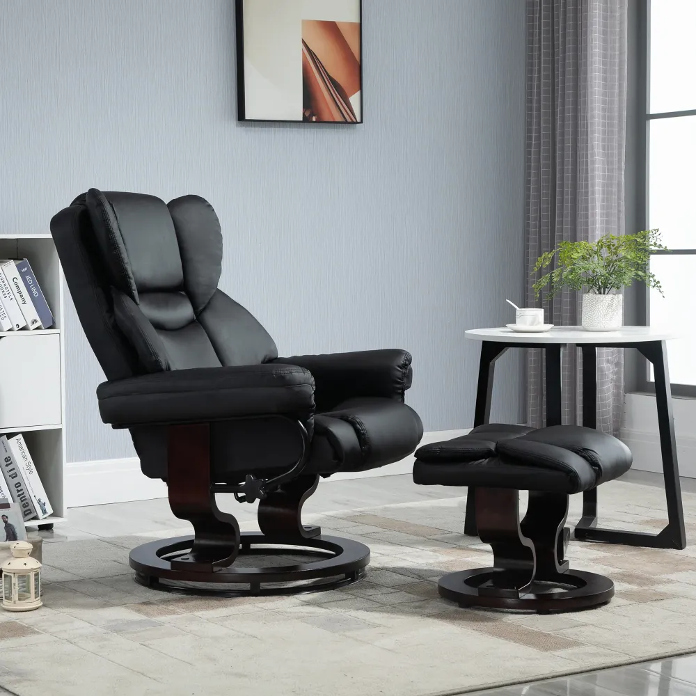 Poltrona Relax e Pouf Poggiapiedi Reclinabile 145° con Seduta Girevole Finta Pelle Nero
